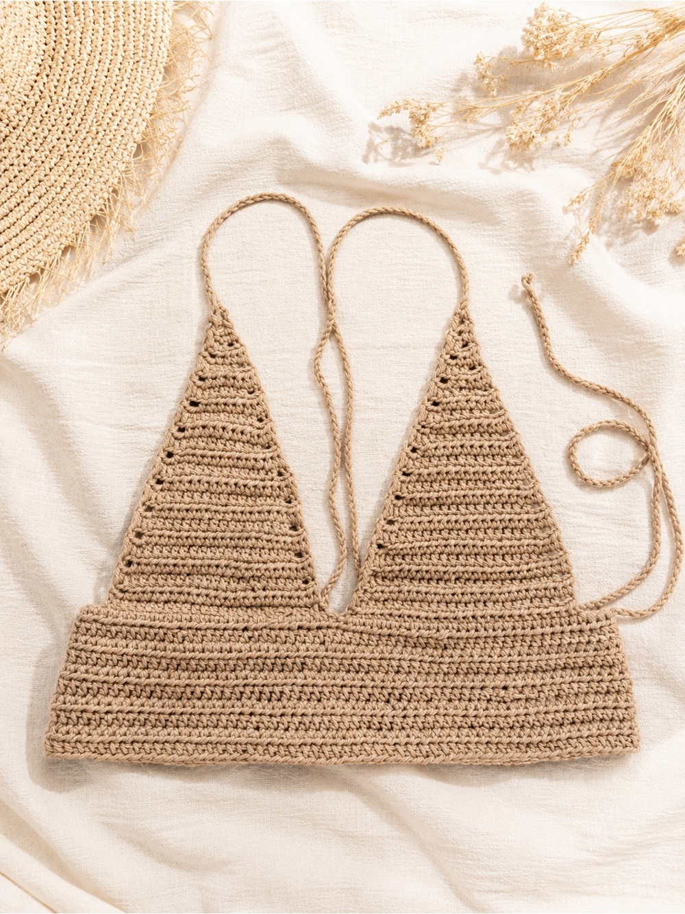 Handmade Crochet Triangle Crop Top in Tan Cross Back Size S Adjustable
